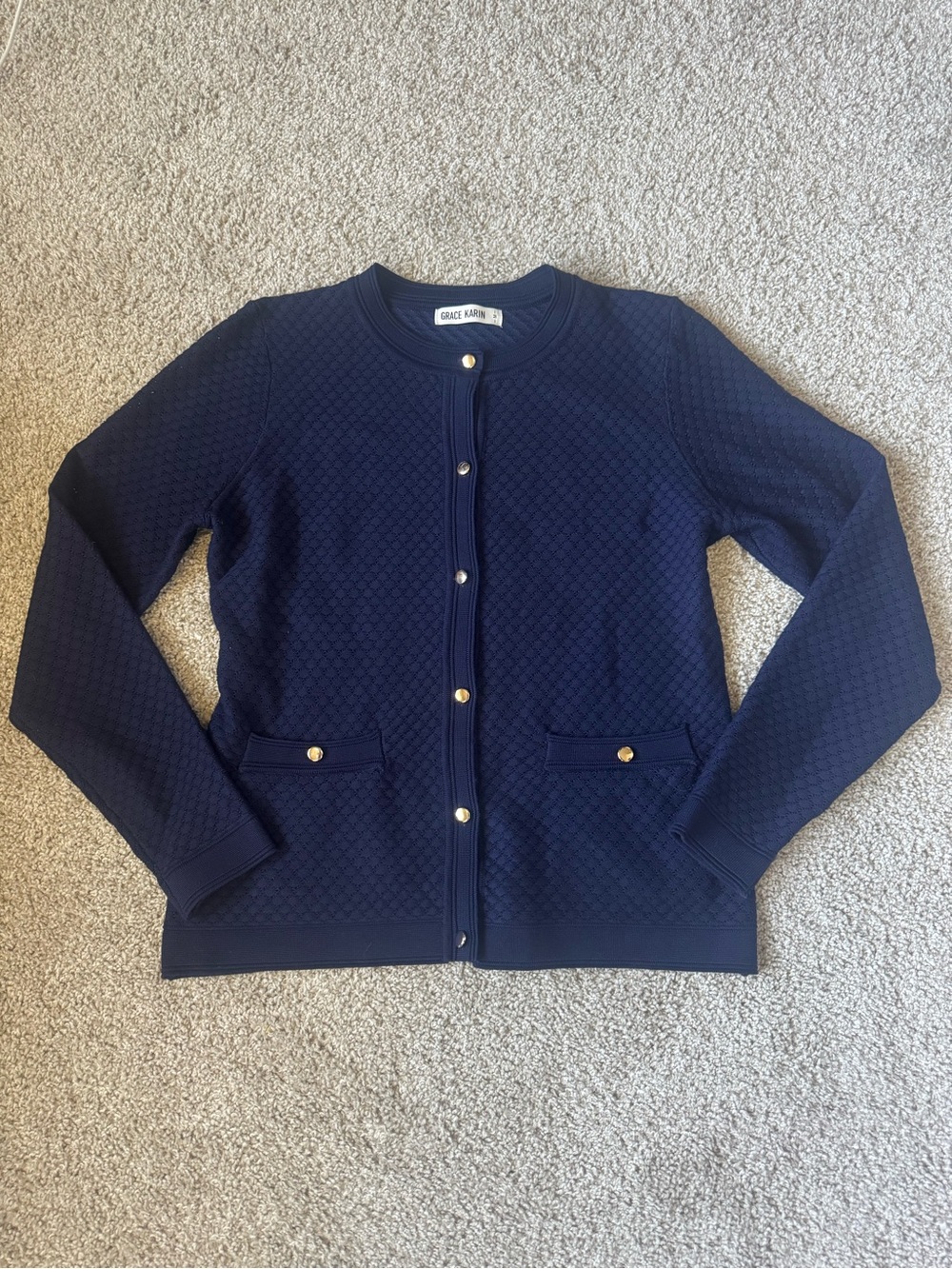 Grace Karin Navy Quilted Button-Front Cardigan with Gold Buttons